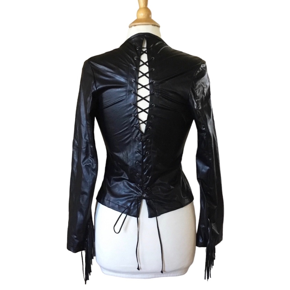 Vintage 80’s 90’s Frederick’s of Hollywood Pleather Back Lace Tie Fringe Jacket - Picture 2 of 14